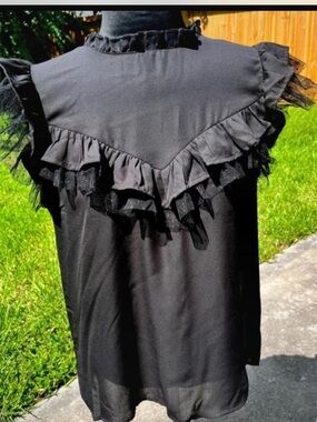 Black Ruffle Trim Sleeveless Blouse